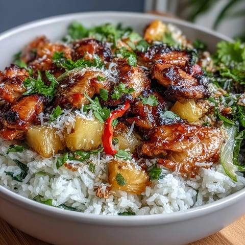 Lebendige Kokos-Ananas-Hähnchen-Reisschüsseln mit saftigem Hähnchen, süßer Ananas und duftendem Kokosreis, garniert mit frischen Kräutern.