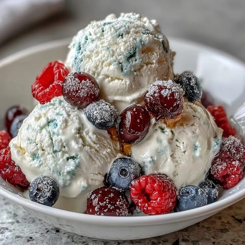 Sommerlicher gefrorener Joghurt-Beeren-Bark mit frischen Früchten und Honig.