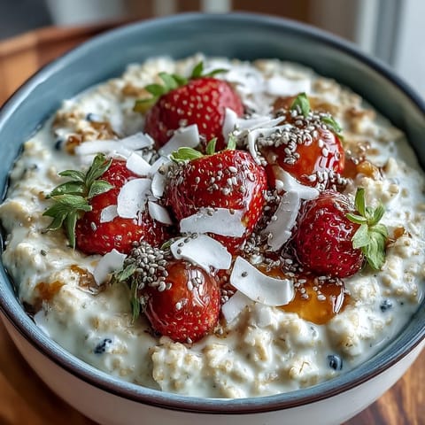 Ein erfrischendes Schälchen Overnight Oats mit saftigen Erdbeeren und Chiasamen, perfekt für ein schnelles, gesundes Frühstück.