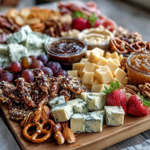 1. Grad Party Snack Board mit süßen und herzhaften Happen: Farbenfrohe Käsewürfel, Oliven, Beeren und knusprige Kekse auf festlicher Platte.