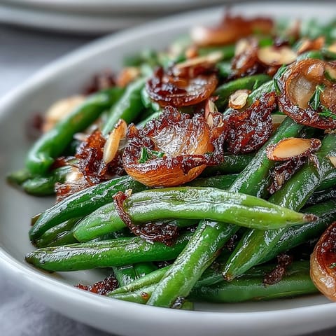 Roasted Garlic Green Beans mit zartem Biss und goldgelbem Knoblauch.