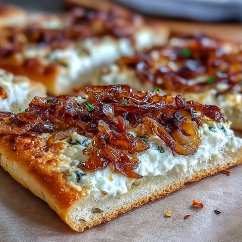 Goldene Ziegenkäse-Flammkuchen mit karamellisierten Zwiebeln, belegt mit Honig und Chiliflocken, frisch aus dem Ofen serviert.