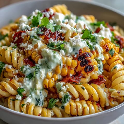 Ein leuchtendes Nudelgericht mit süßem Mais, cremiger Sauce und Cotija-Käse, inspiriert von mexikanischem Street Corn.