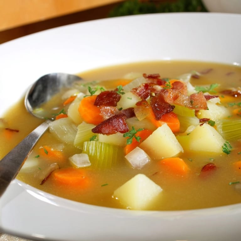Cremige German Potato Soup schmort langsam, mit Majoran verfeinert, perfektes deftiges Abendessen.