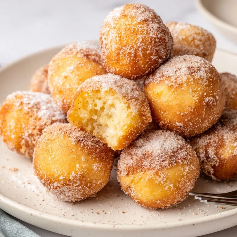 Frittierte Quark-Donuts, goldbraun und zuckerüberzogen, köstlich süß und fluffig.