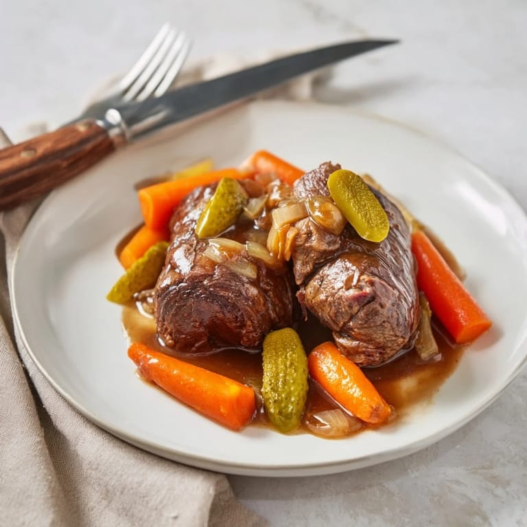 Herzhafte Rinderrouladen mit Senf und Zwiebeln, ideal zu Kartoffelknödeln und Rotkohl.