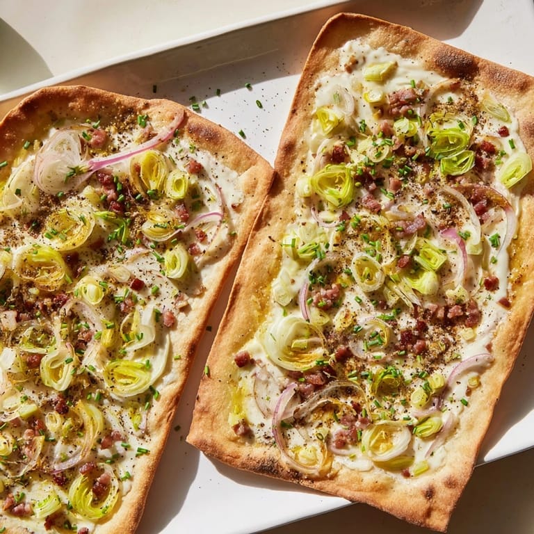 Golden brown Sheet-Pan Flammkuchen, a flatbread loaded with savory bacon and caramelized leeks, ready to serve.