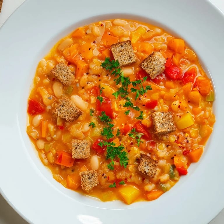 Close-up of the Rustic German Bean & Tomato Stew, featuring golden, crisp rye croutons atop.