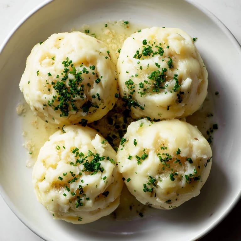 Tender, pillowy potato dumplings from Germany, topped with melted butter and drizzled truffle oil.