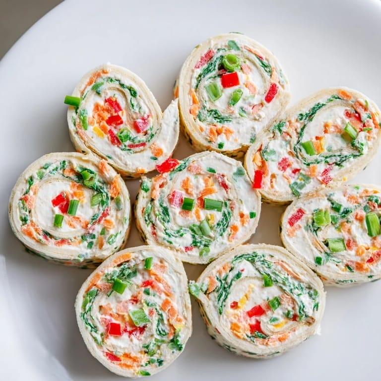 Close-up of vibrant Cozy Scarf Holiday Pinwheel Wraps, layered with colorful fillings, perfect for an appetizer.