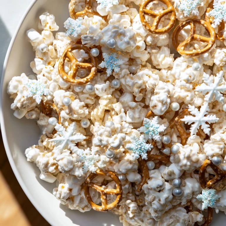 Ein Foto von knusprigem Ski Season Snowflake Snack Mix, mit weißen Schokoladenüberzügen und bunten Streuseln.