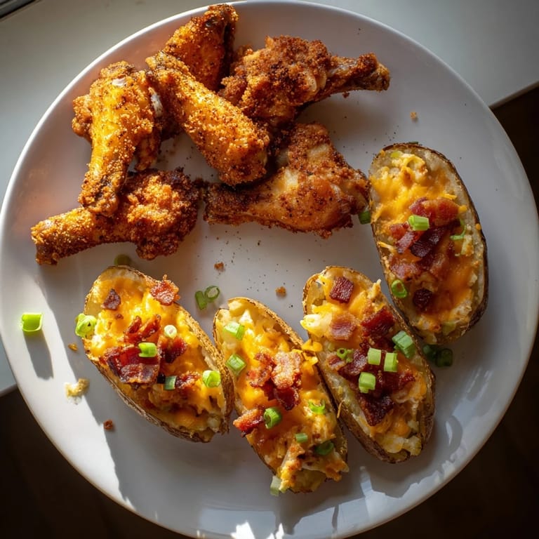 Enjoy a delicious football tailgate spread: crispy chicken wings, cheesy potatoes, and savory sausage.