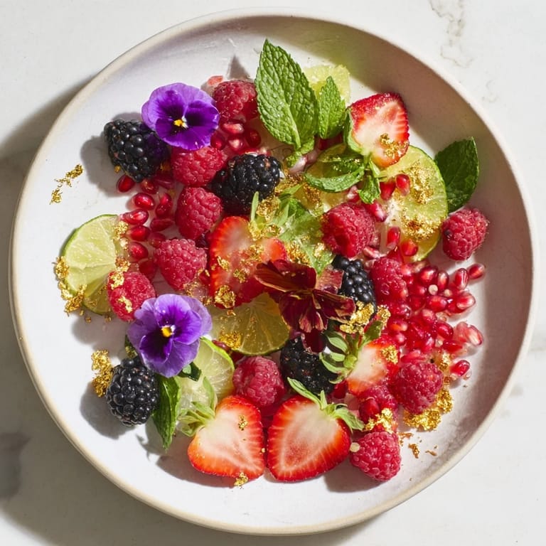 Close-up of fresh fruit and edible flowers, showcasing Champagne garnishes for a luxurious touch.