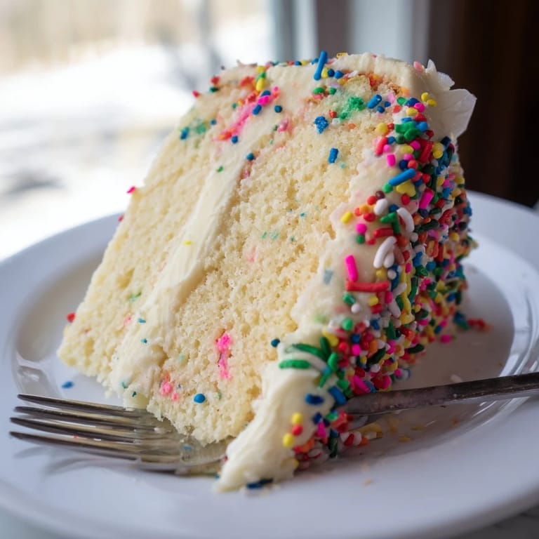 A close-up of a frosted Happy Birthday Cake slice, showcasing its fluffy layers and colorful topping.