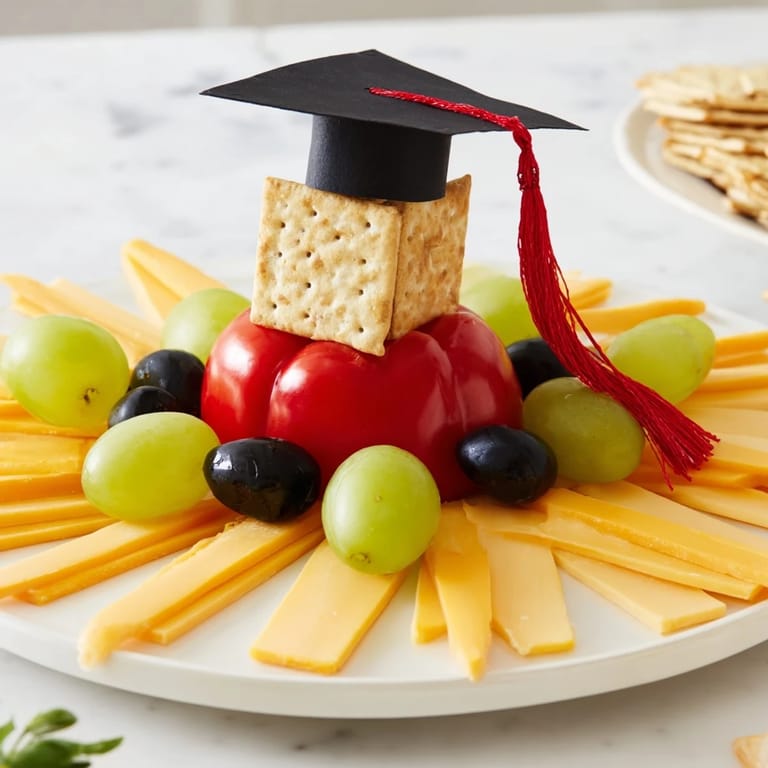 Vibrant Graduation Cap Platter appetizer with a central cheese "cap" surrounded by olives, tomatoes, and crackers.