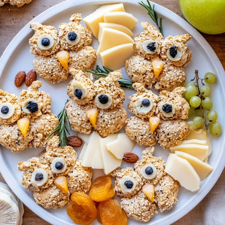 A close-up of an Owl Cracker and Cheese Board bursting with fresh fruit, nuts, and flavorful cheeses.