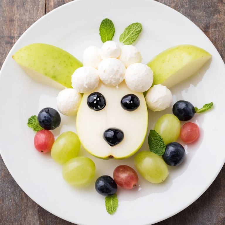 Lamb Face Fruit and Cheese Platter: A whimsical, eye-catching appetizer featuring a pear "face" surrounded by grapes and cheese.