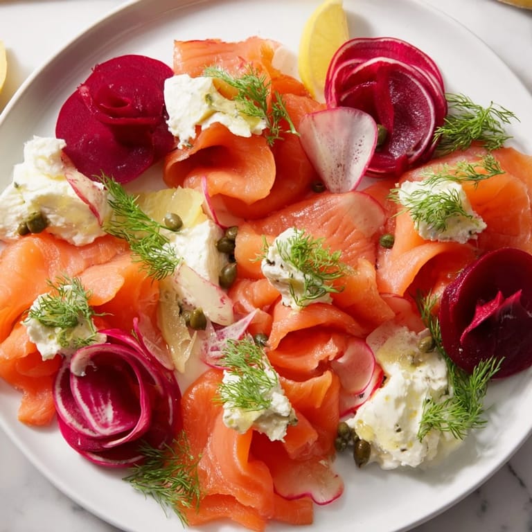 Deliciously inviting Winter Harvest Smoked Salmon Board featuring a variety of breads and dips.