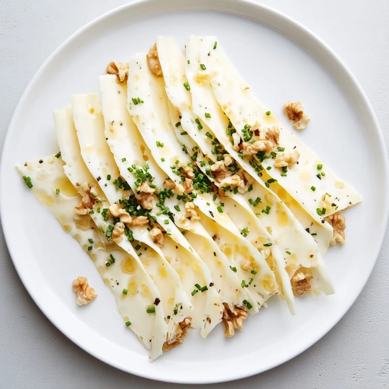Appetizing close-up of a Swiss cheese slices fan, garnished with fresh chives, a quick and easy appetizer.
