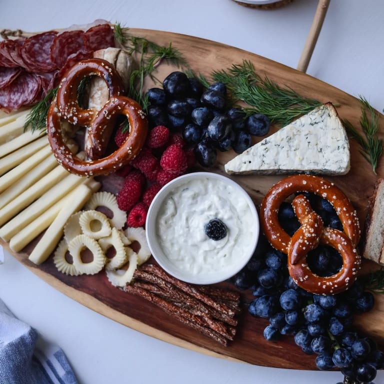 The Anchor Maritime Board: a coastal appetizer featuring pretzels, fruits, and creamy blue cheese.