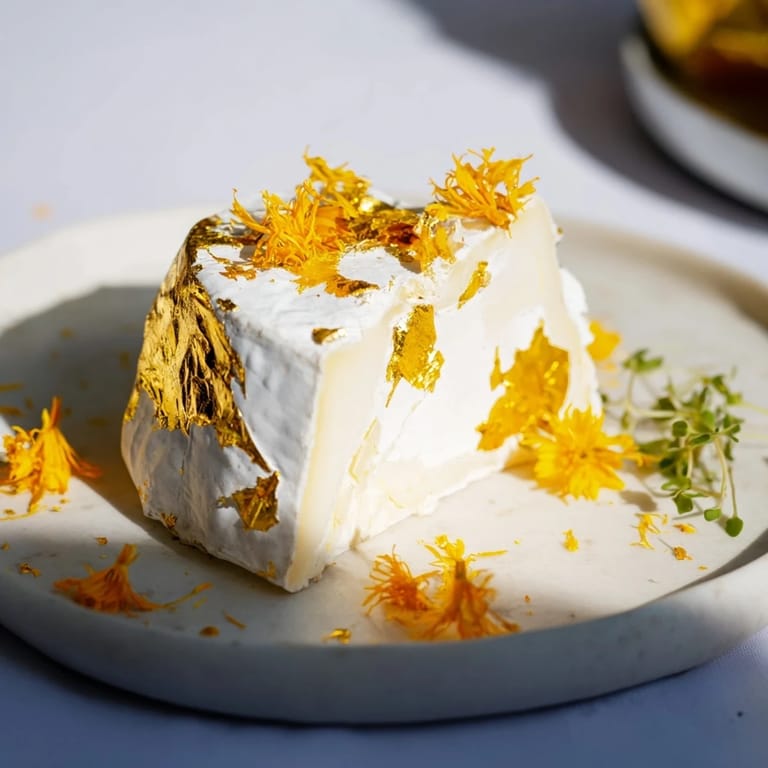 A luxurious presentation of The Gilded Lily, featuring shimmering cheeses with edible gold and yellow petals.