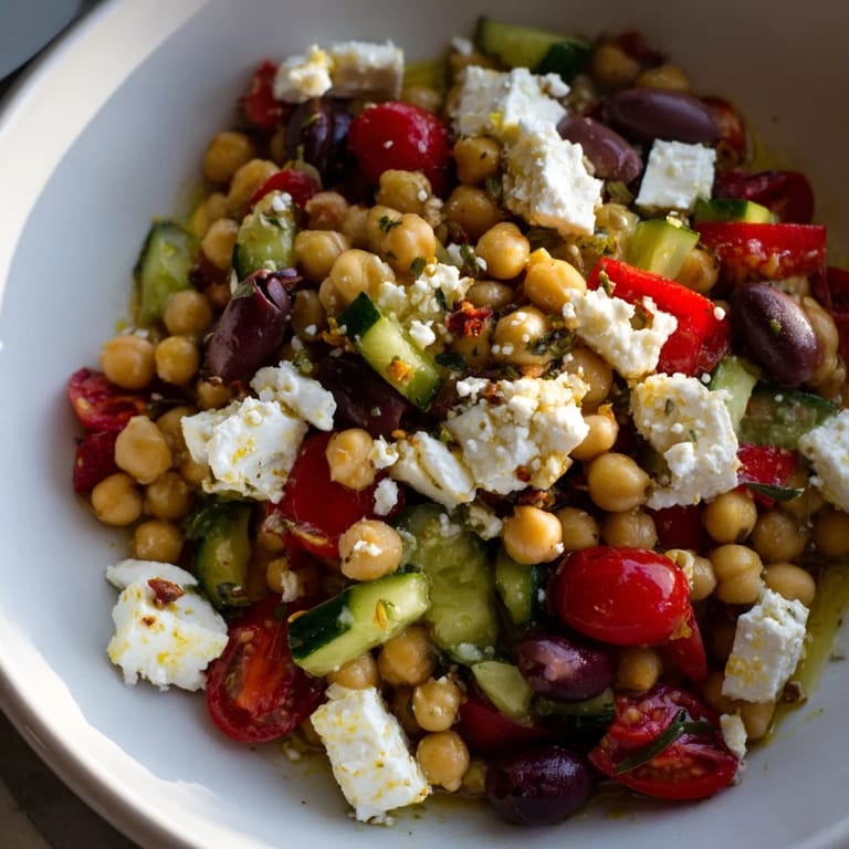 This Mediterranean Chickpea and Feta Bowl shows vibrant vegetables and a bright lemon-herb dressing for the flavors.