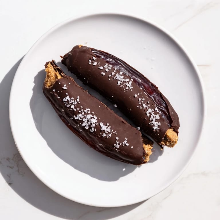 A plate of fresh Chocolate Peanut Butter Dates, a quick and healthy dessert with a peanut butter filling.