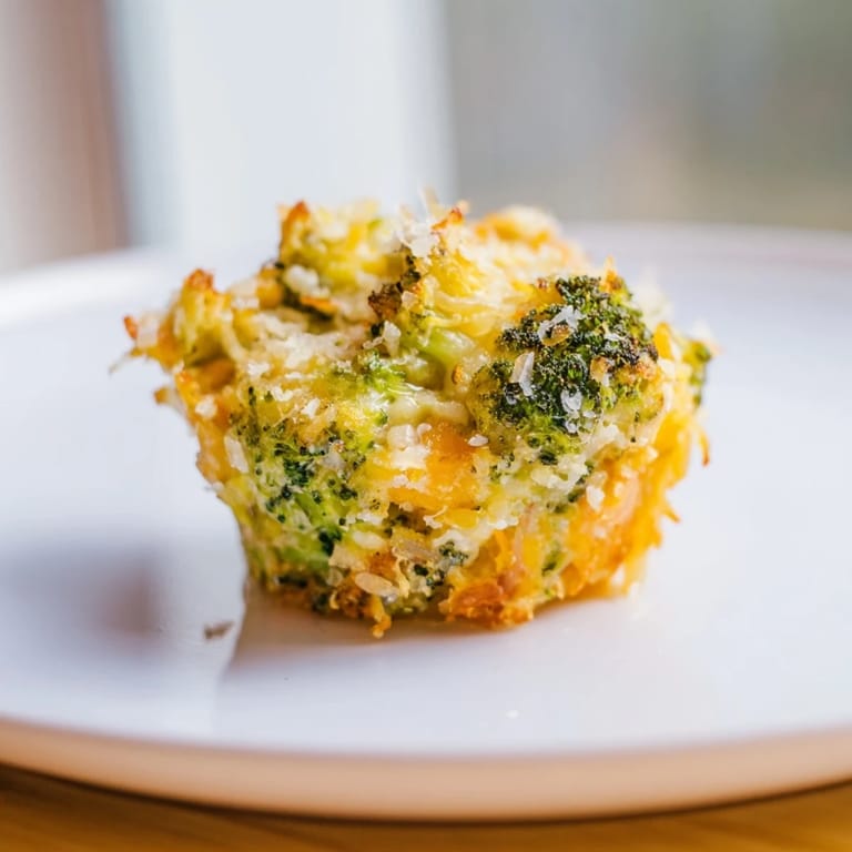 A close-up view of a tray of savory Cheesy Broccoli Casserole Bites, featuring melted cheese and a tender broccoli filling.