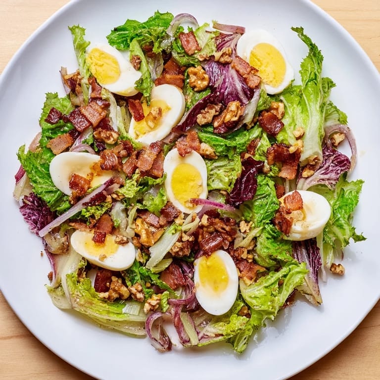 This inviting Bitter Greens Salad presents fresh greens coated with flavorful warm bacon dressing, ready to enjoy.