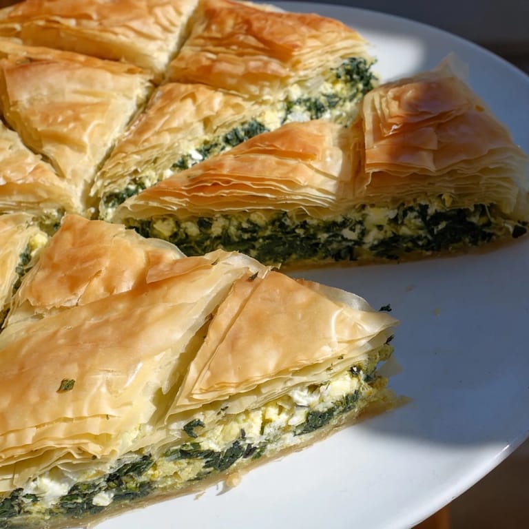 Close-up of baked spanakopita, revealing a delicious, herb-flecked spinach and cheese filling.
