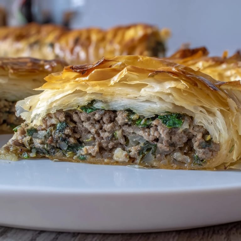 A close-up of a freshly baked Bosnian Burek, showcasing its crispy, golden layers.