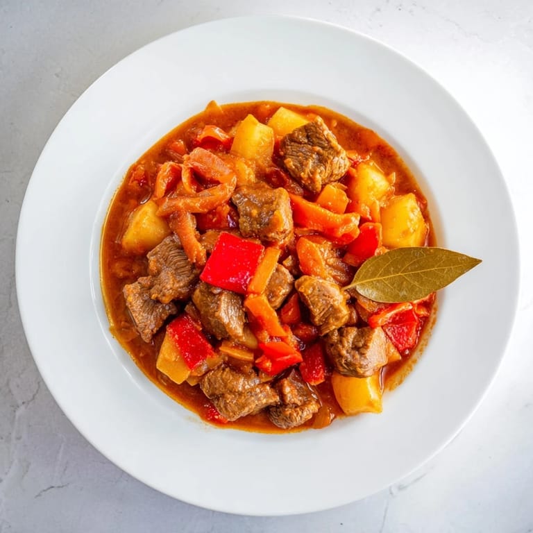 Tender chunks of beef in a rich Hungarian Goulash Stew, simmered with sweet paprika and vegetables.