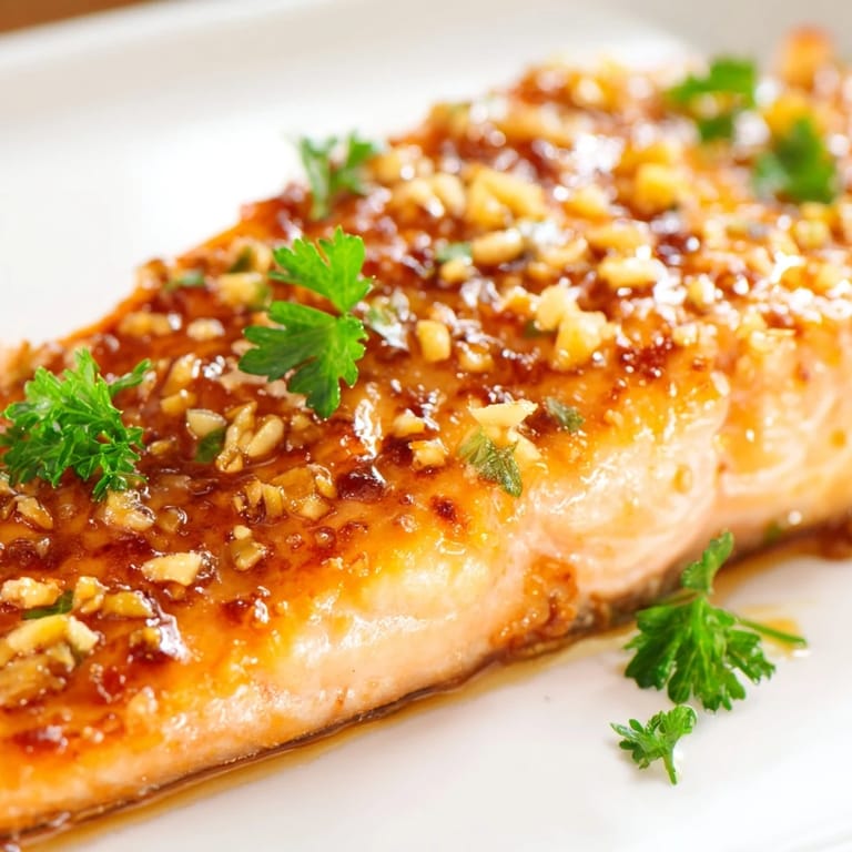 Close-up of Honey Garlic Glazed Salmon with glossy honey butter glaze, served alongside steamed rice.  