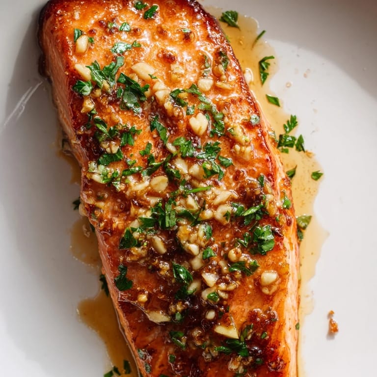 Succulent Honey Garlic Glazed Salmon resting on a baking tray, drizzled with pan juices and fresh herbs.