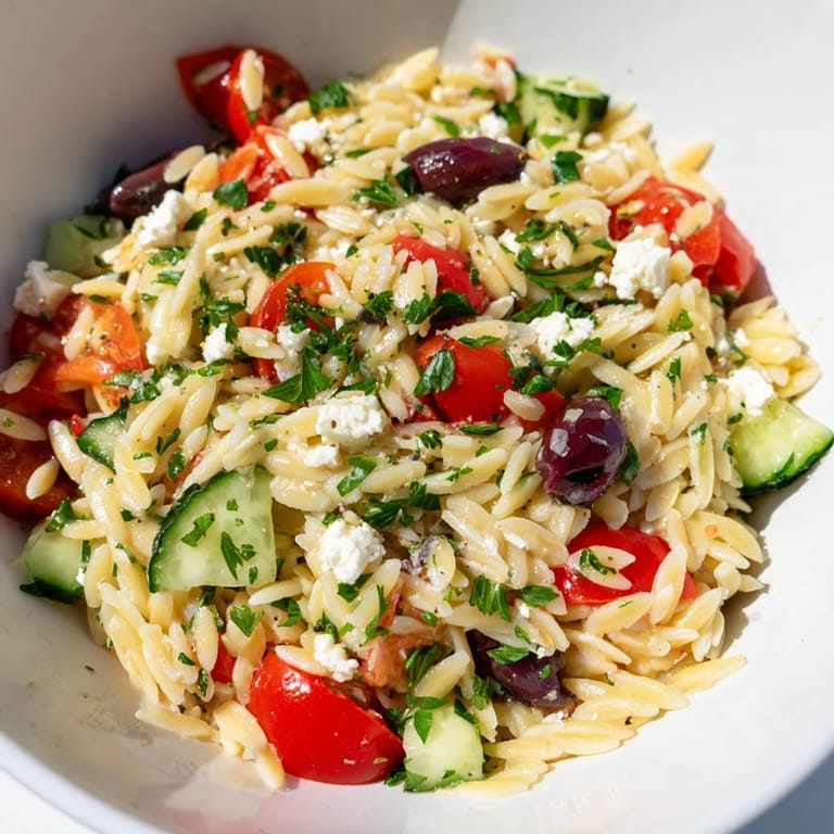 Servierter Greek Orzo Salad als sommerlicher Picnic-Beilage mit Oliven, Zitronen und frischen Kräutern.