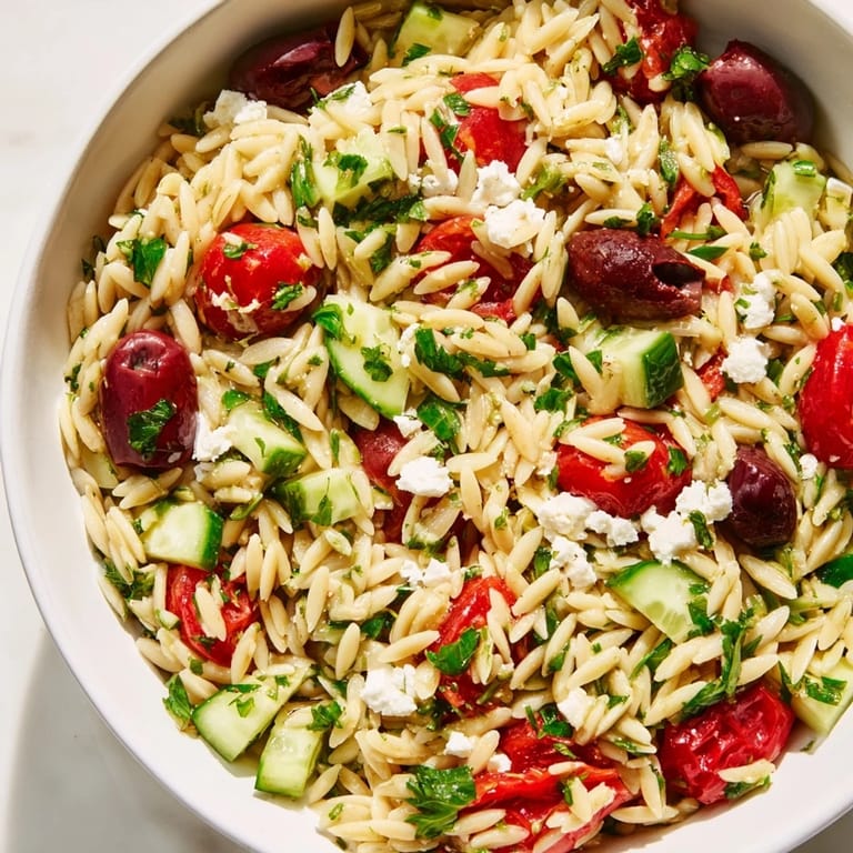 Nahaufnahme von Greek Orzo Salad, übergossen mit zitronig-oregano Vinaigrette, garniert mit Petersilie und Dill.