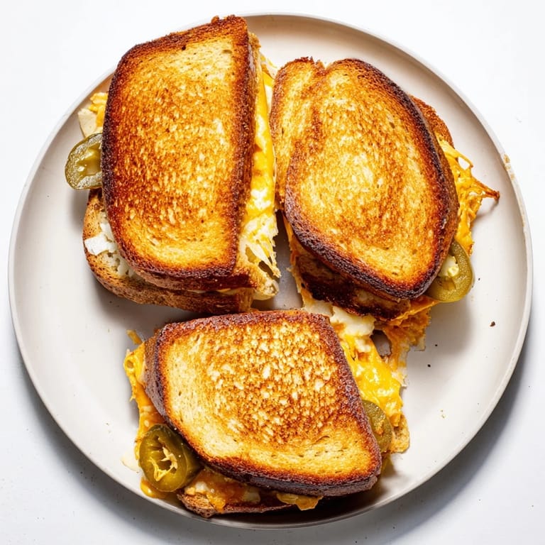 Ein gestapeltes Cheddar Jalapeño Grilled Cheese zeigt goldbraune Butterkruste, pickled Jalapeños funkeln leuchtend zwischen geschmolzenem Cheddar und rustikalen Sauerteigscheiben.