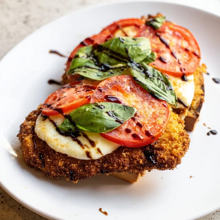 Genieße den Crispy Chicken Caprese Sandwich mit saftigem Fleisch, reifem Tomaten und Balsamico-Tropfen auf dem Teller.