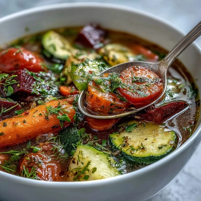 Healthy pot of Rainbow Vegetable Detox Soup featuring colorful carrots, tomatoes, and bell peppers simmering gently.