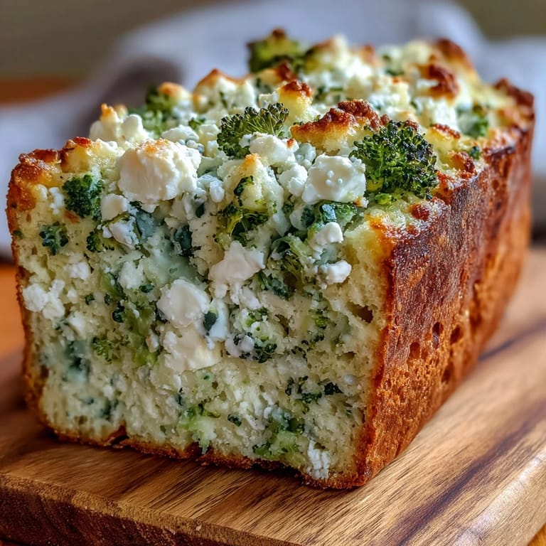 Hausgemachtes Brokkoli und Feta Brot, serviert warm auf einem rustikalen Holzbrett, ideal zum Teilen.