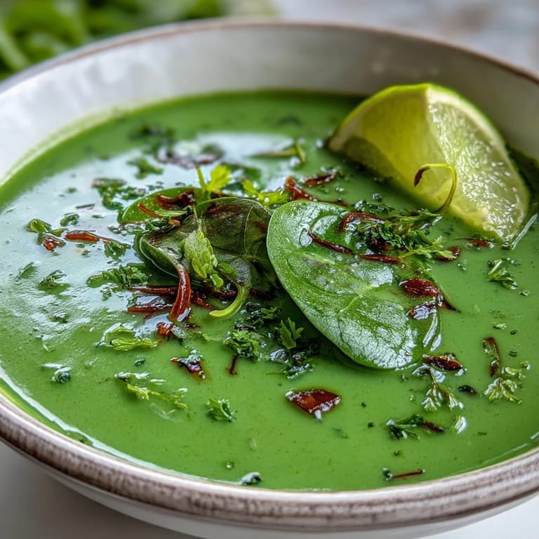 Fusion Spinat Coriander Lemongrass Suppe püriert mit Kokosmilch, gewürzt mit Kreuzkümmel und frischem Koriander.