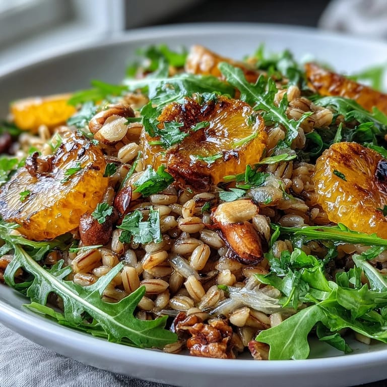 Fork-ready Farro Salad With Fennel, Oranges, and Almonds glistening with olive oil and lemon dressing, topped with fresh parsley.