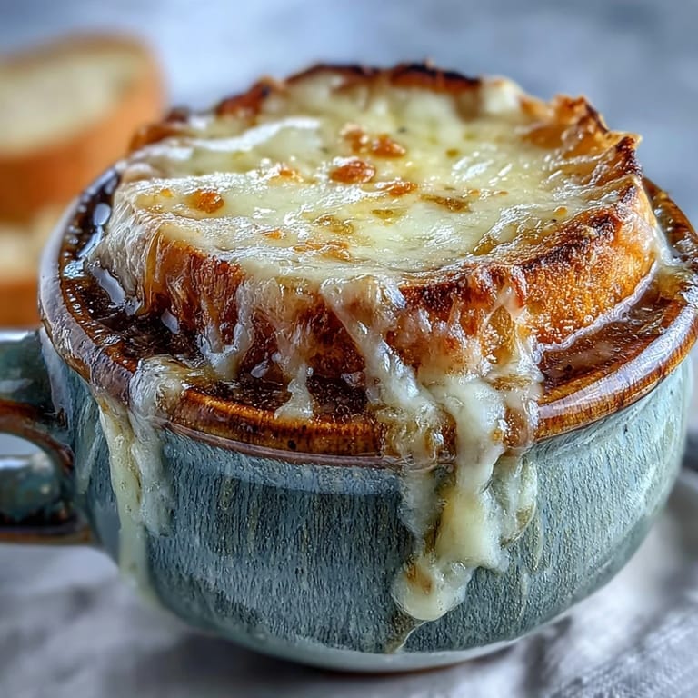 French Onion Soup served steaming hot, rich broth and caramelized onions beneath a cheesy bread lid.