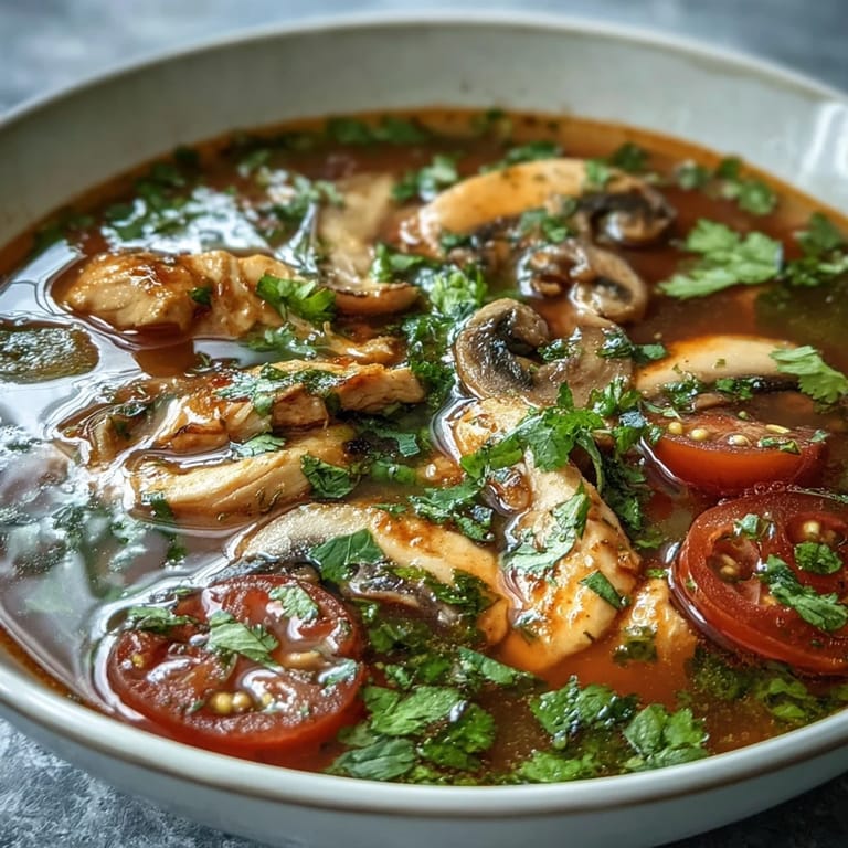 Ein aromatischer Löffel voll Tom Yum Gai zeigt saftiges Hühnchen und Gemüse in scharfer Brühe.