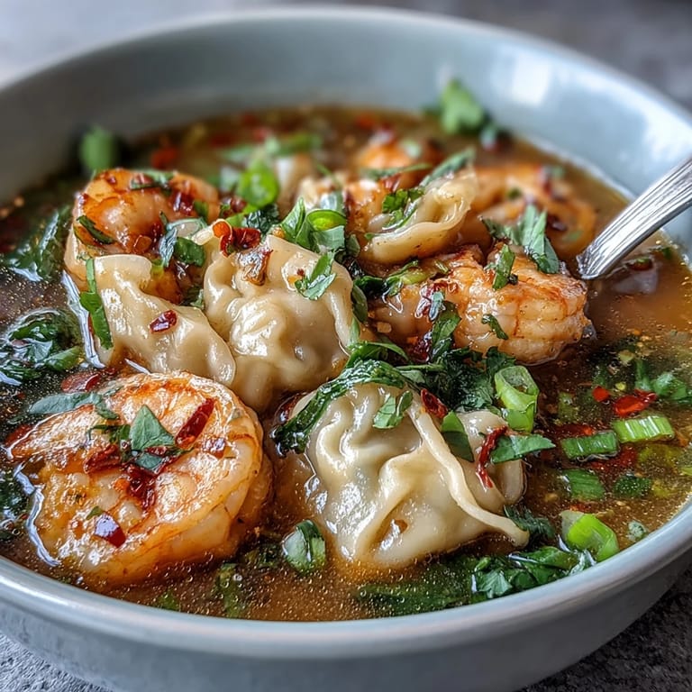 Frisch gekochte Tom Yum Wonton Soup mit garnelenroten Dumplings, Pilzen und Koriander garniert.