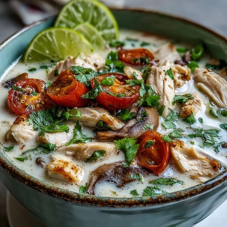 Ladle of Best Ever Tom Kha Gai Soup garnished with cilantro, lime wedges, and chilies.