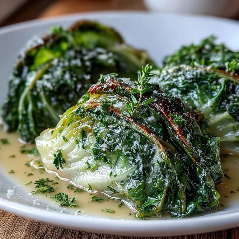 Rustikale Herby Cabbage in Parmesan Broth Servierung, gerahmt von knusprigem Brot für ein herzhaftes, vegetarisches Abendessen.