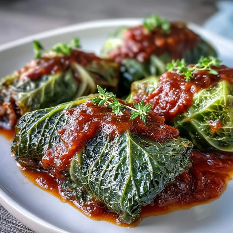 Saftige Baked Vegan Cabbage Rolls werden mit Petersilie garniert und schmecken perfekt zu Brot.