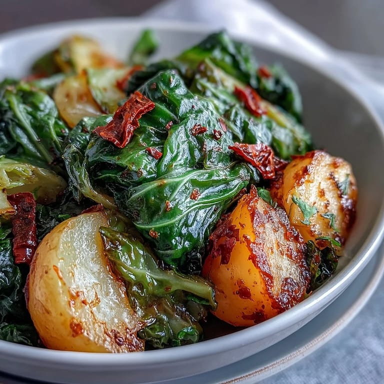 Gedünstet Kohl mit Kartoffeln und Chili garniert mit Petersilie und Zitrone, köstlich warm und nahrhaft.