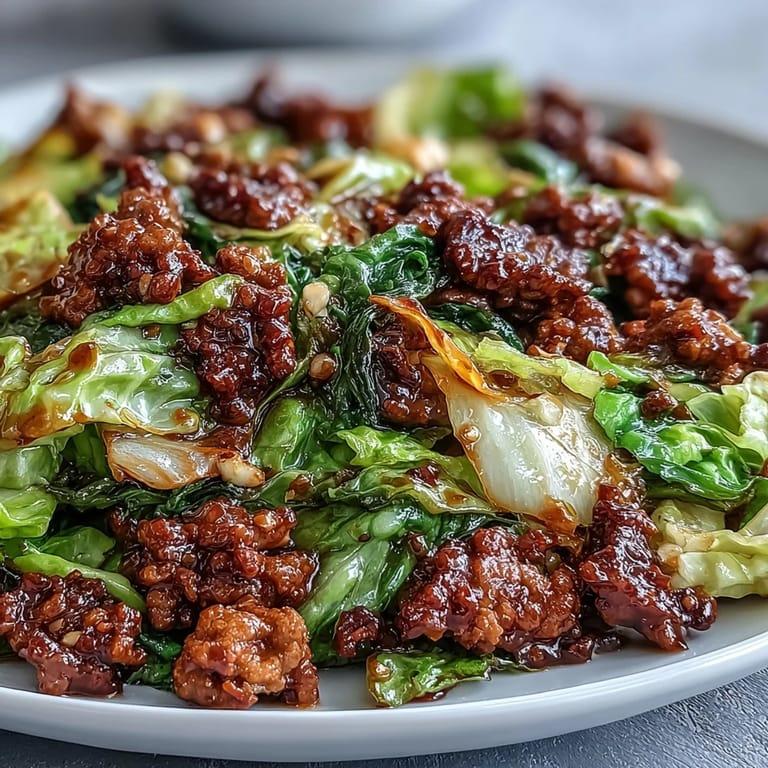 Close-up of low-carb Chinese Ground Beef and Cabbage Stir-Fry served hot, showcasing golden beef and vibrant, saucy vegetables in a skillet.